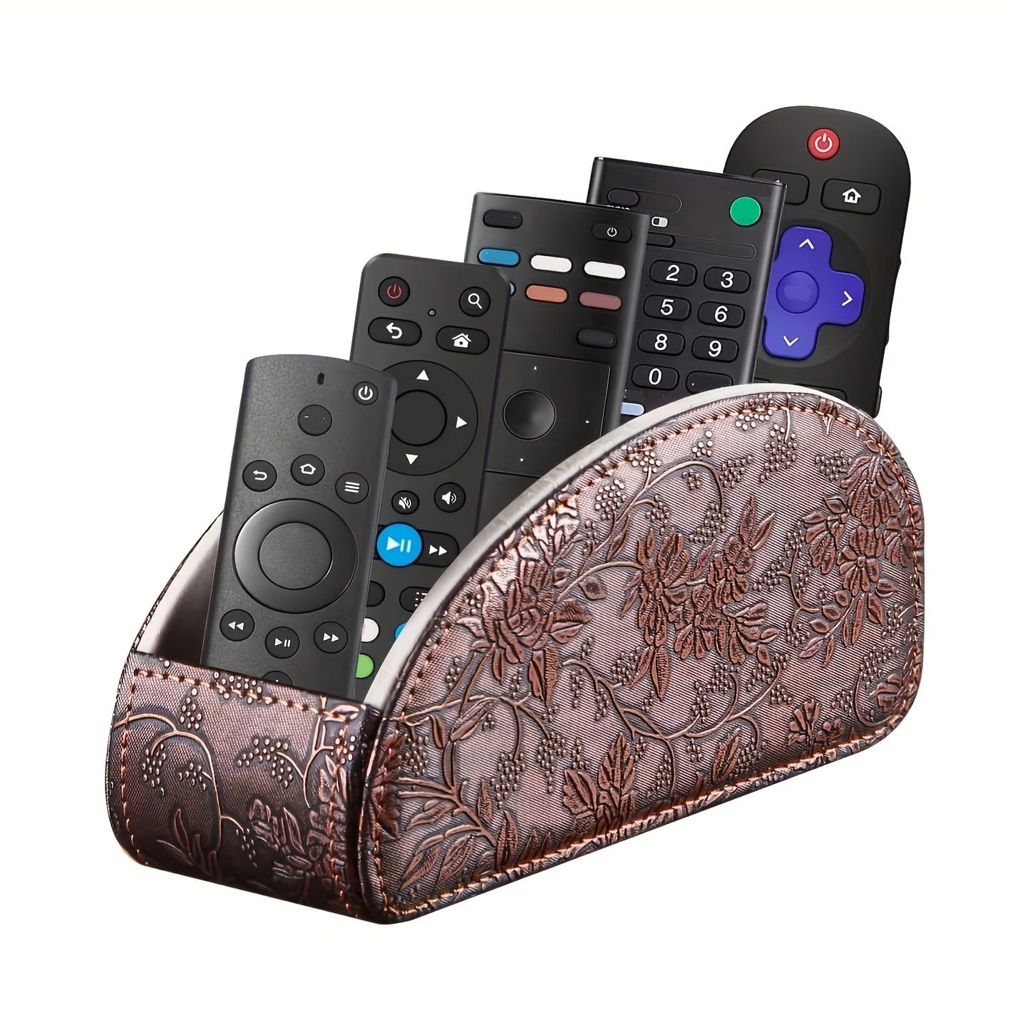 TV remote holder with 5 compartments, PU leather storage box, room decor organizer for home, kitchen, bathroom, and bedroom.