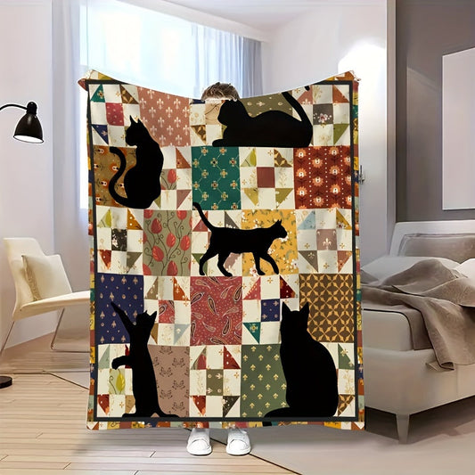 Soft flannel fleece throw blanket with a vintage knitted reversible design featuring cat print, perfect for all seasons. This stain-resistant and versatile blanket is ideal for gifting to friends and family, suitable for couch and TV use. Made from 100%