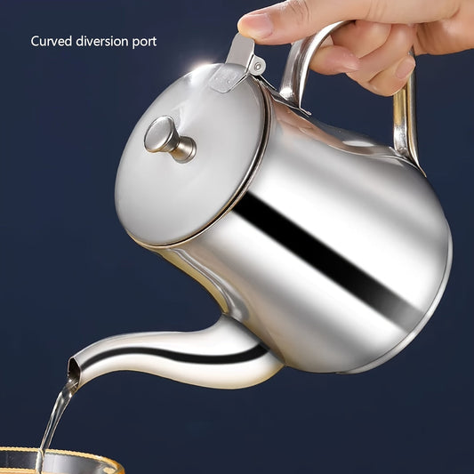 Silver Stainless Steel Gooseneck Teapot with 48oz Capacity and Integrated Filter, BPA-Free Metal Tea Kettle and Coffee Server, Multi-Purpose Oval Table Serving Pot for Home, Restaurant, Outdoor Use. Dishwasher Safe.