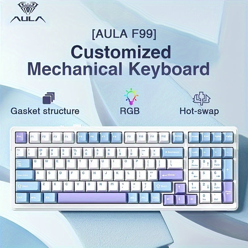 AULA F99 Mechanical Gaming Keyboard with RGB Backlit, 99 Keys, 2.4G Wireless & Wired Hot Swap, Ergonomic PBT, USB Type-C, Rechargeable Battery, Includes Keycap Puller, Ideal Festive Gift