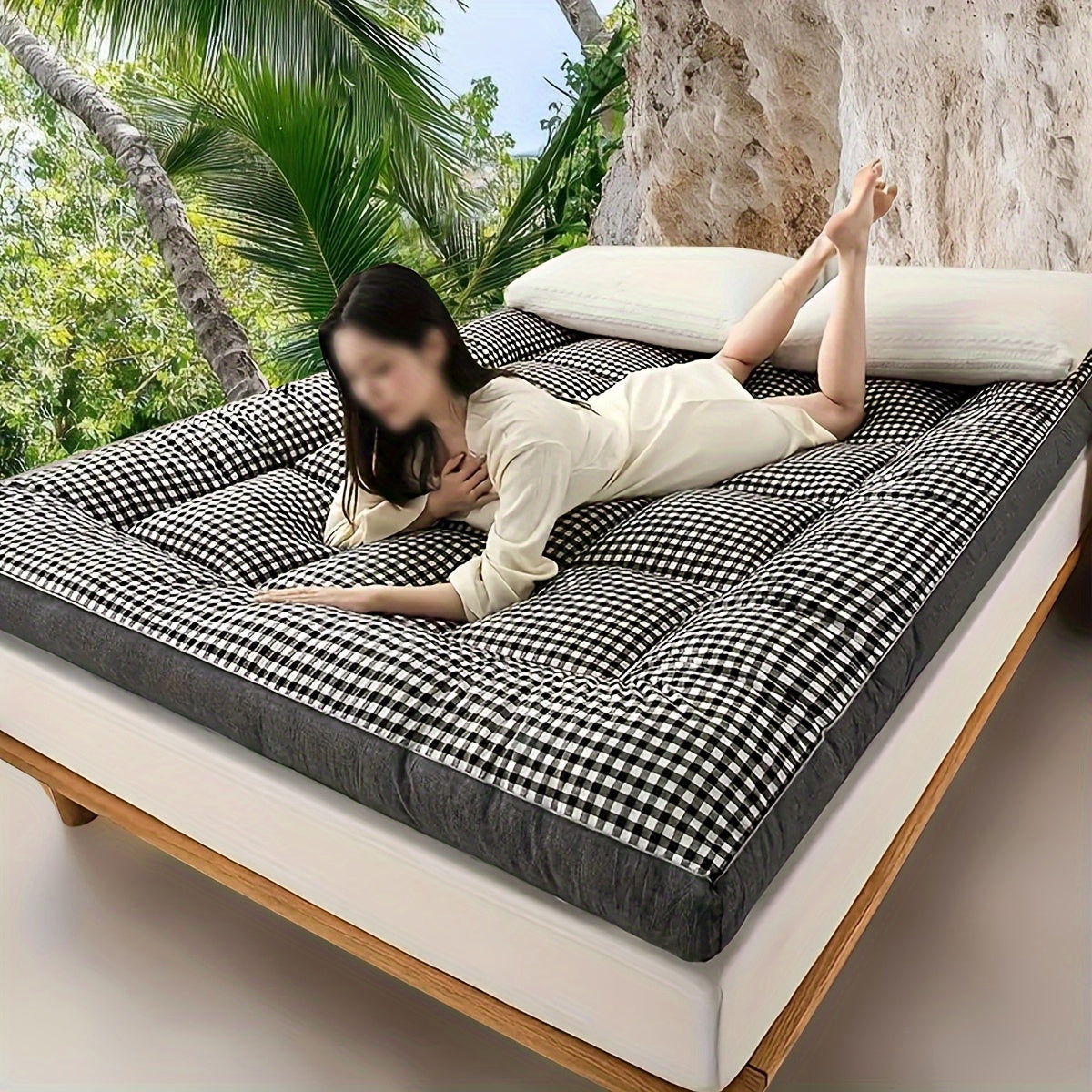 Plaid foam mattress for camping and hiking. Breathable polyester cover, all-season comfort, machine washable. Ideal for bedroom, guest room, dorm. Great gift for holidays and special