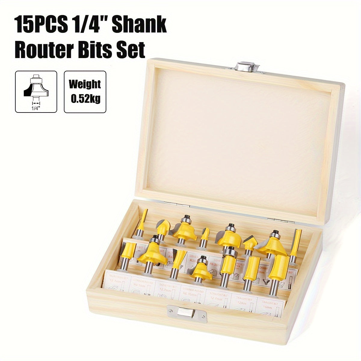 Set of 15 6mm router bits with 1/4" and 8mm shanks for woodworking in a wooden case. Ideal for trimming, slotting, and engraving wood with tungsten carbide milling cutters.