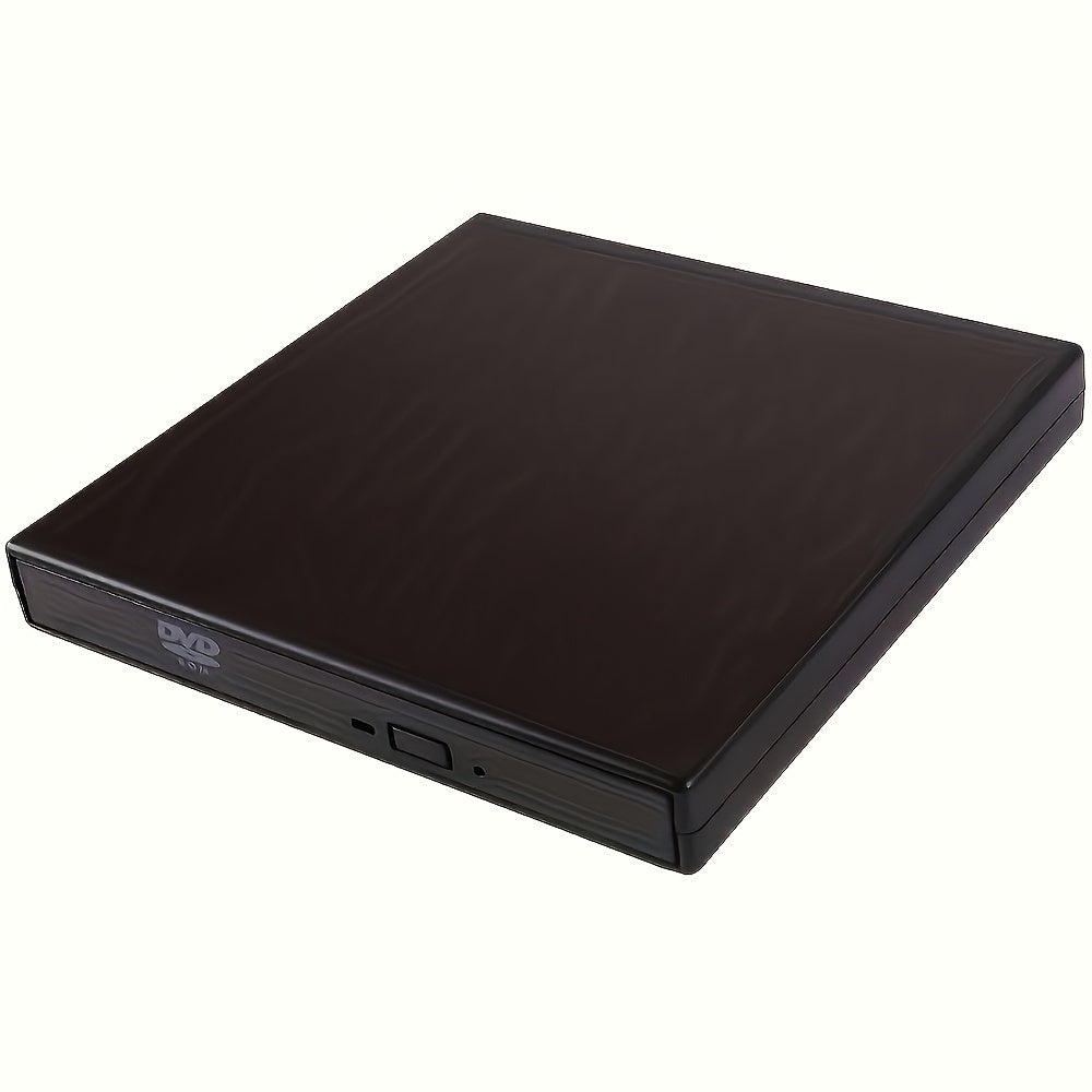 Portable CD/DVD-ROM drive for laptops and desktop computers with storage bag included.