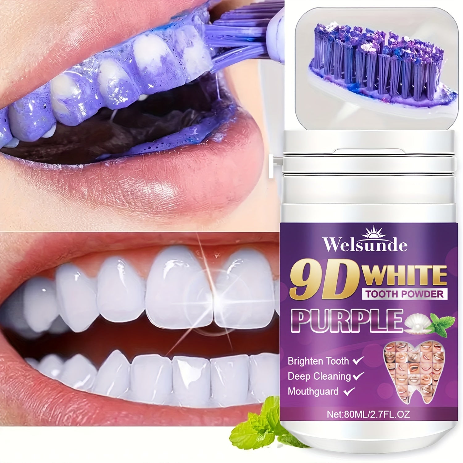 Purple tooth powder for men and women, offers fresh breath and travel convenience.