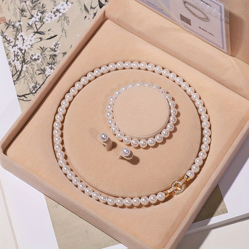 Set of Three Round Necklaces featuring Natural Freshwater Pearls, Shell, and Mother-of-Pearl Beads with Matching Bracelet for Women