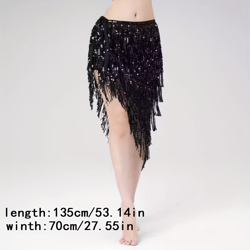 Sequined tassel skirt ideal for energetic belly dance performance.