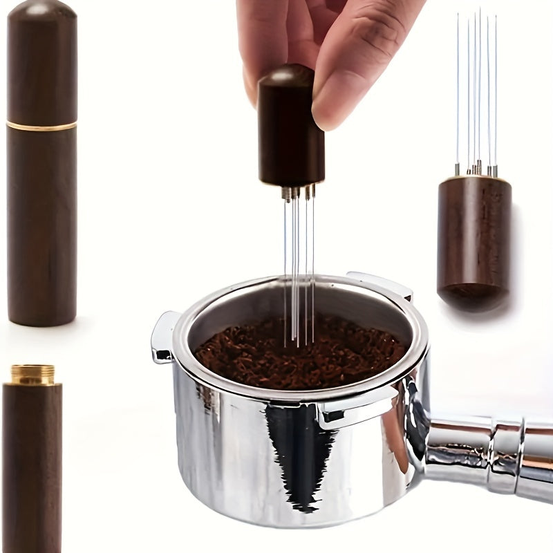 The Laoyeboubi Espresso Distribution Tool (WDT) is a stainless steel coffee stirrer needle distributor designed to create even grounds for optimal espresso extraction. This barista accessory allows for improved espresso extraction without the need for