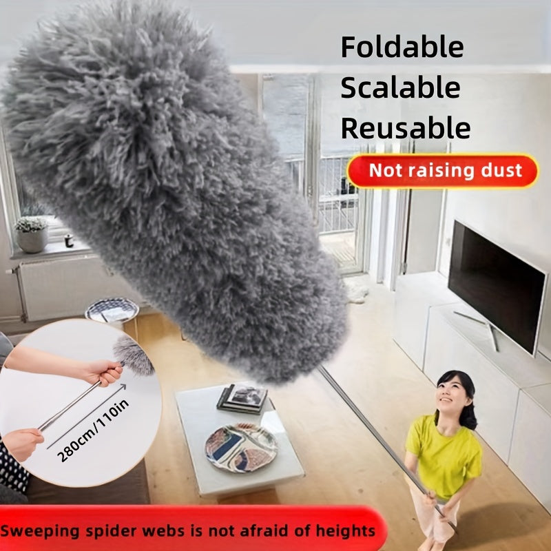 The Extendable Microfiber Duster with Retractable Pole is 280.42cm long and perfect for reaching difficult areas. This flexible dusting wand is ideal for cleaning bed bottoms, ceiling fans, furniture, car interiors, and window tracks. No battery is