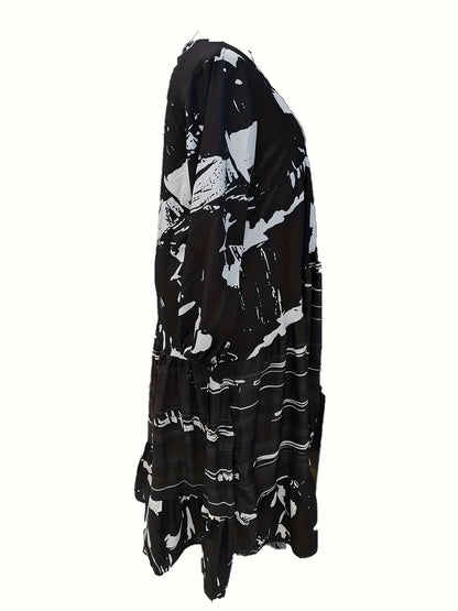 Maxi dress for women with V-neck, striped print in black and white, non-stretch glossy fabric, all-season party wear, loose fit, no lining.