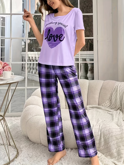 Casual Heart & Letter Print Pajama Set for Women, Short Sleeve Top & Plaid Pants, Relaxed Fit.