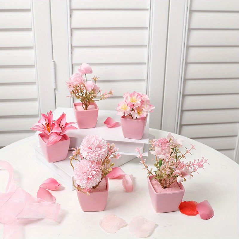 3-5 mini artificial potted pink flowers in plastic square pots, perfect for indoor décor on desks or bookshelves.