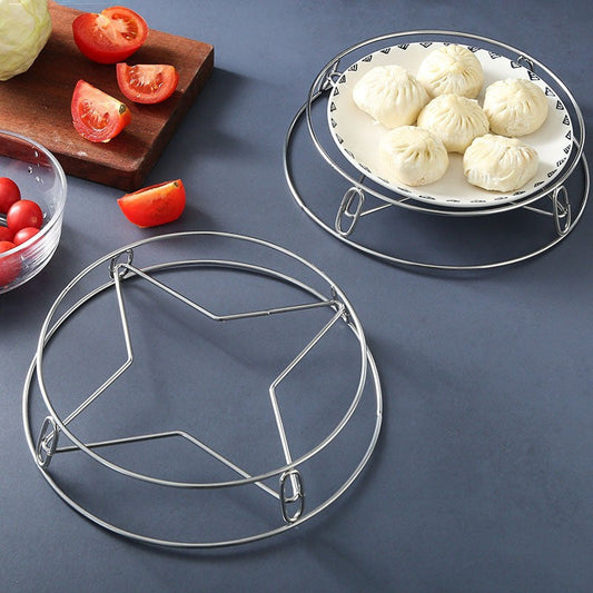 This stainless steel pot rack features two layers for convenient kitchen steaming and includes a thermal insulation pad. The storage organizer is thickened and versatile, serving as a metal cookware holder that does not require electricity.