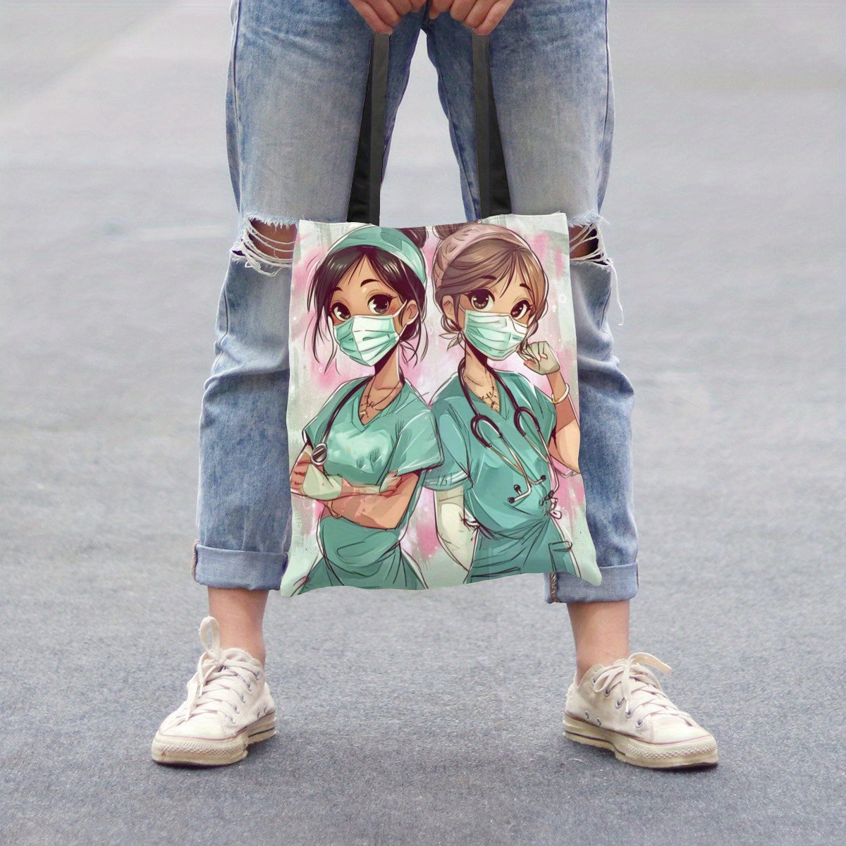 Large capacity shoulder bag with a cute cartoon nurse print, ideal for shopping.