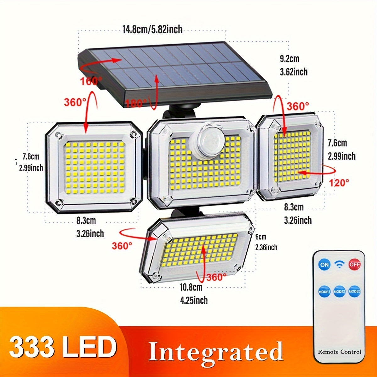 4-head outdoor solar floodlight with motion sensor, remote control, adjustable brightness, rechargeable lithium battery, wall mount, plastic material.