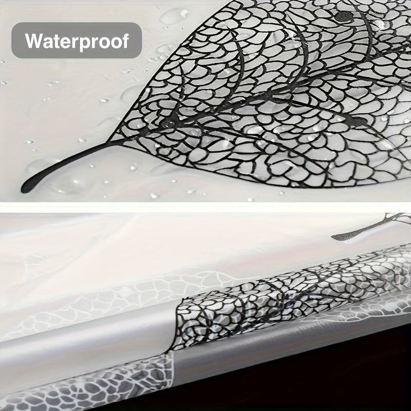 Waterproof shower curtain with leaf pattern and hooks. Easy to clean plastic, decorative bathroom accessory. Great holiday or New Year gift.