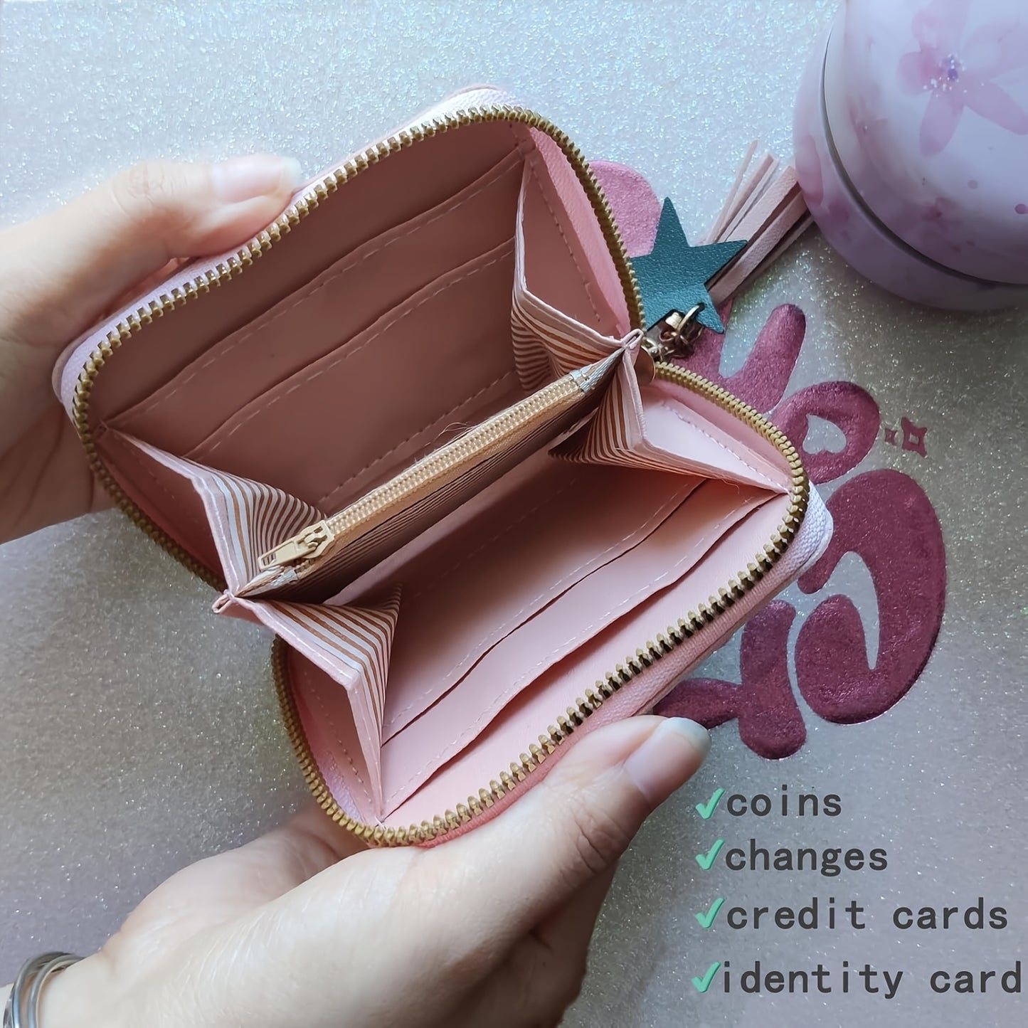 Heart and star embroidered tassel wallet with Korean style, zip-around coin purse. Ideal gift for special occasions. Embroidered clutch in faux leather material.