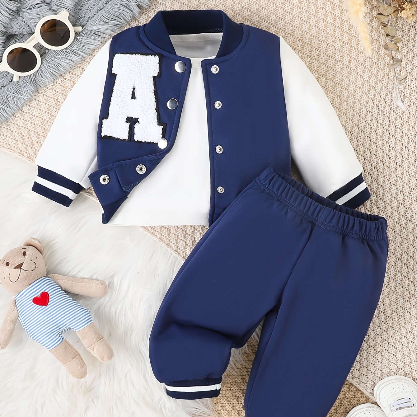 Infant boys' casual outfits for fall/winter: trendy baseball coat and pants set.