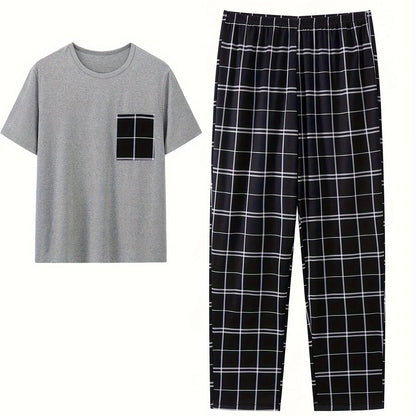 Men's comfortable minimalist style polyester pajama set includes a short sleeve gray tee, black and white checkered long pants with elastic waistband. Machine washable. Relax fit loungewear