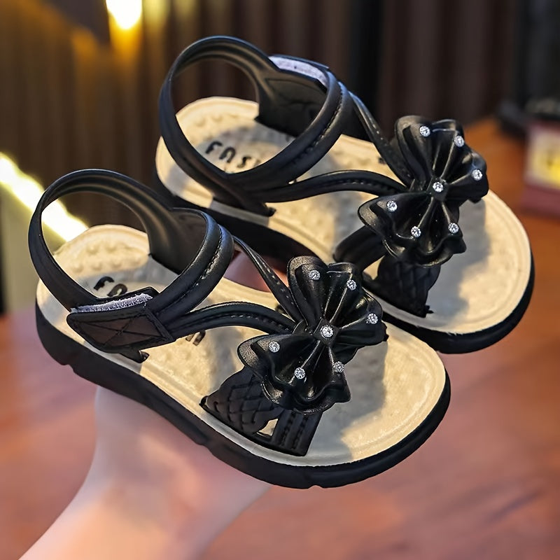 TEEOEC Girls' Sandals with Bowknot - Summer 2024 Collection, Soft Sole Princess Beach Footwear, Breathable Strap, Black/White & Pink/Cream Options, Lowtop Styles