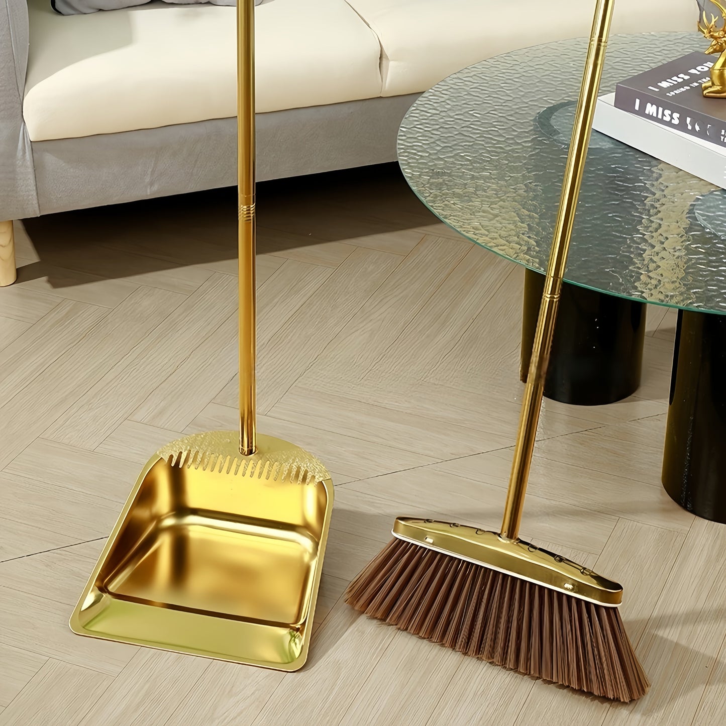 Two-piece set of durable stainless steel garbage shovel and water scraper with golden finish, thickened design, and integrated mop dustpan for household cleaning.