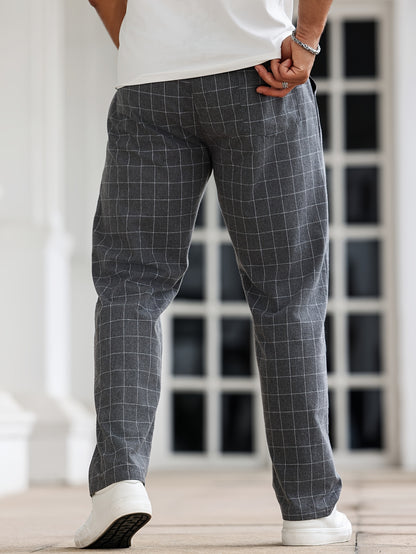 Men's Comfortable Plaid Sleep Pants with Drawstring, Machine Washable Polyester, Black & White Grid Pattern