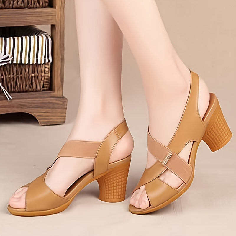 Stylish mid-heel sandals with open toe and hook-and-loop fastener, made of man-made materials for all-season wear.