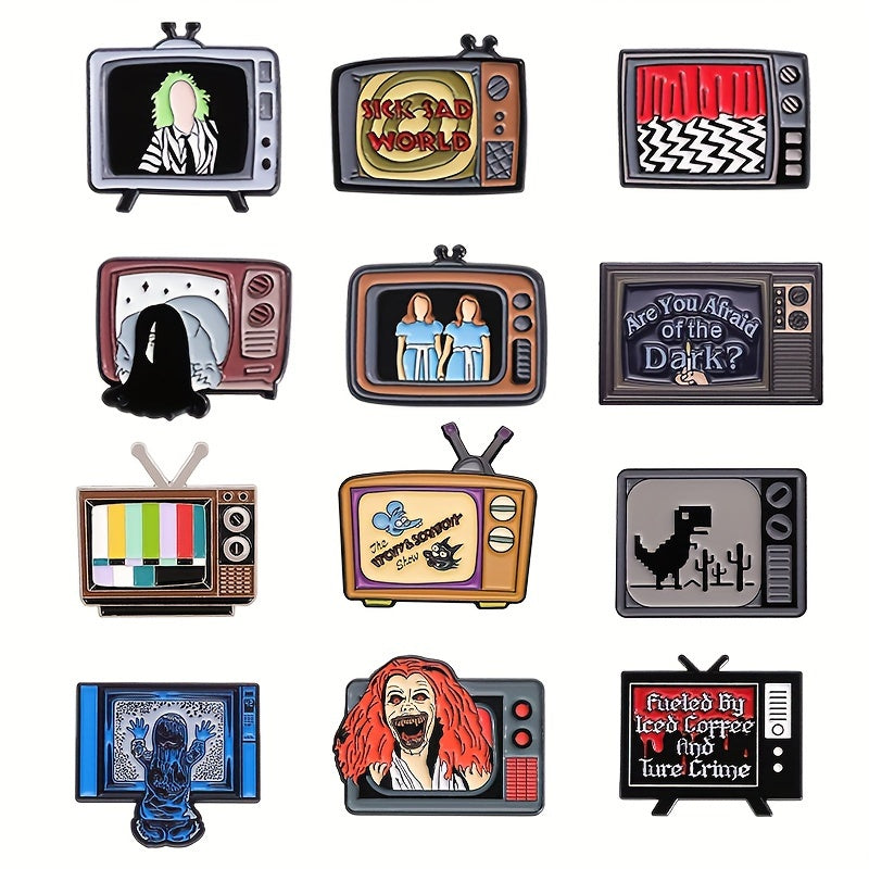 Halloween Horror TV Brooch Set: 12 ta Punk uslubidagi qotishma yeng pinlari to'plami, sviterlar, ruksaklar va boshqalar uchun - O'ziga xos multfilm mavzusidagi aksessuarlar va sovg'alar bilan.