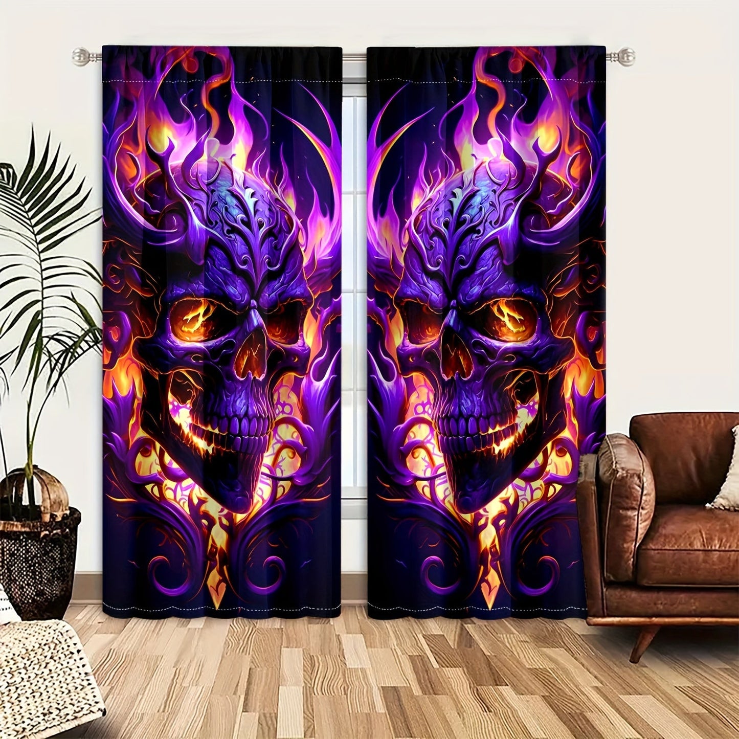 Semi-Transparent Halloween Skull & Butterfly Chrysanthemum Curtains - Set of 2, Privacy-Protecting Drapes for Living Room and Bedroom Decoration