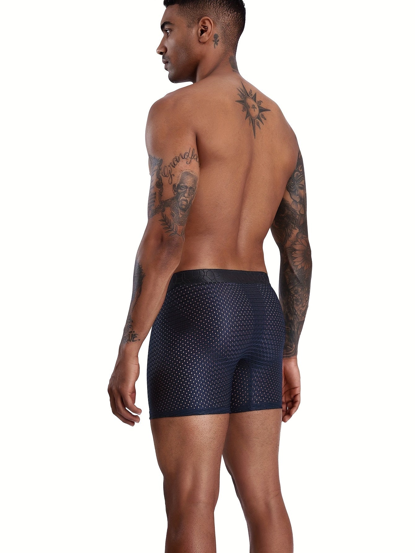 4 pairs of men's underwear with extended trouser legs, mesh holes, flat corners, and breathable fabric.