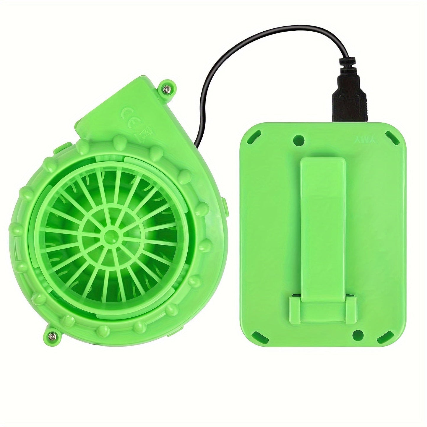 Get ready to party with the Portable Mini Inflatable Costume Fan in a vibrant green color! This fan comes with a USB plug and battery box for dual power modes (AA batteries not included). Perfect for Halloween, Christmas, and parties, this fan is a