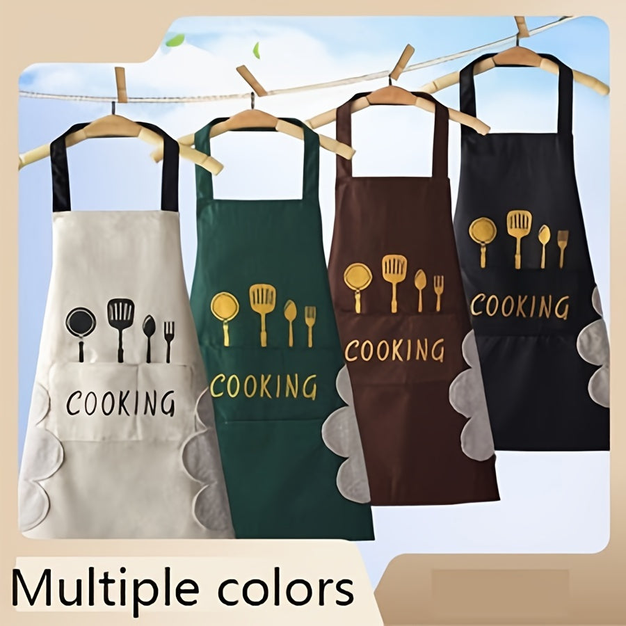 Black and white PVC aprons with cooking utensil design, Korean style with hand-wiping feature for home and restaurant use. Ideal culinary attire.