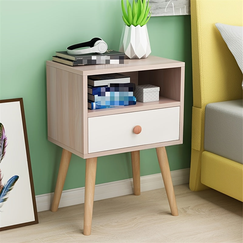 Stylish minimal bedside table with lockable storage shelf and solid wood legs for bedroom.