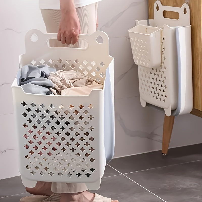 Contemporary Blue & White Wall-Mounted Foldable Laundry Basket with Star Cutouts - Space-Saving Dirty Clothes Organizer for Bathroom, Bedroom, or Laundry Room