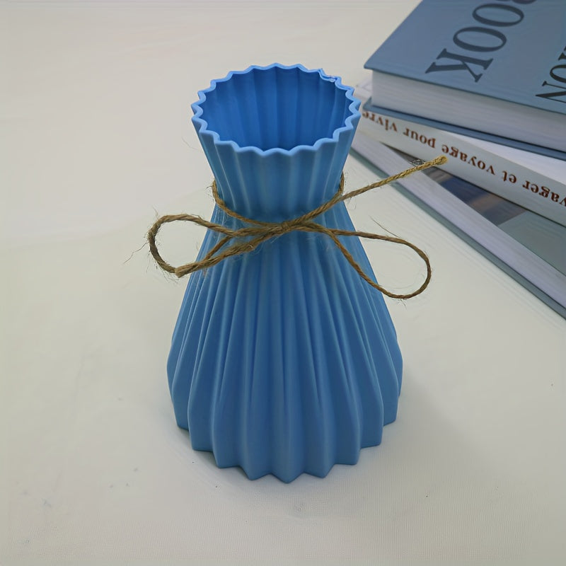 Modern plastic vase for living room or office table decoration, featuring a waist design suitable for flower arrangements. Nordic style with corrugated texture. Flowers not included.