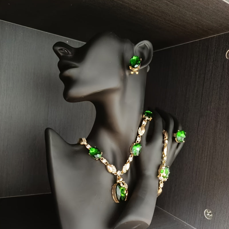 Sparkling 5-piece Jewelry Set featuring Synthetic Emerald & Glass Accents - Ideal for Everyday Wear & Special Occasions. Great for St. Patrick's Day or as a Gift. Beautifully Crafted in 14K Gold Plating - suitable for any season.