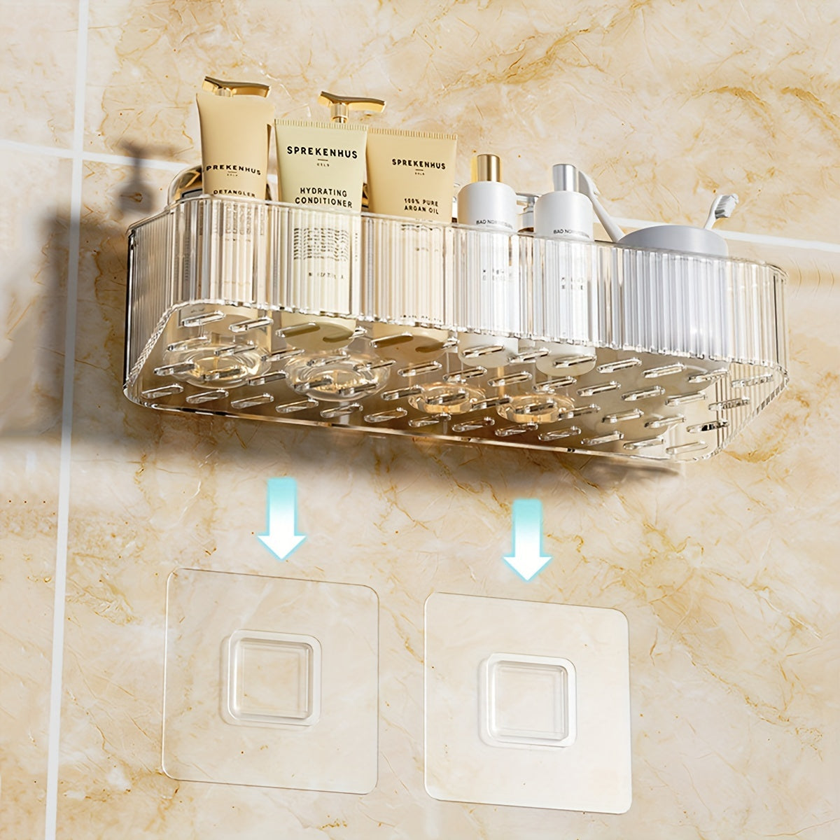 Sleek wall-mounted bathroom storage rack with transparent plastic shelves for toiletries. Easy, no-drill installation for marble bathrooms.