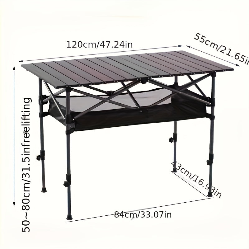 Портативный складной кемпинговый пикниковый стол с регулируемой высотой, прочными металлическими ногами и универсальным использованием на любой местности.