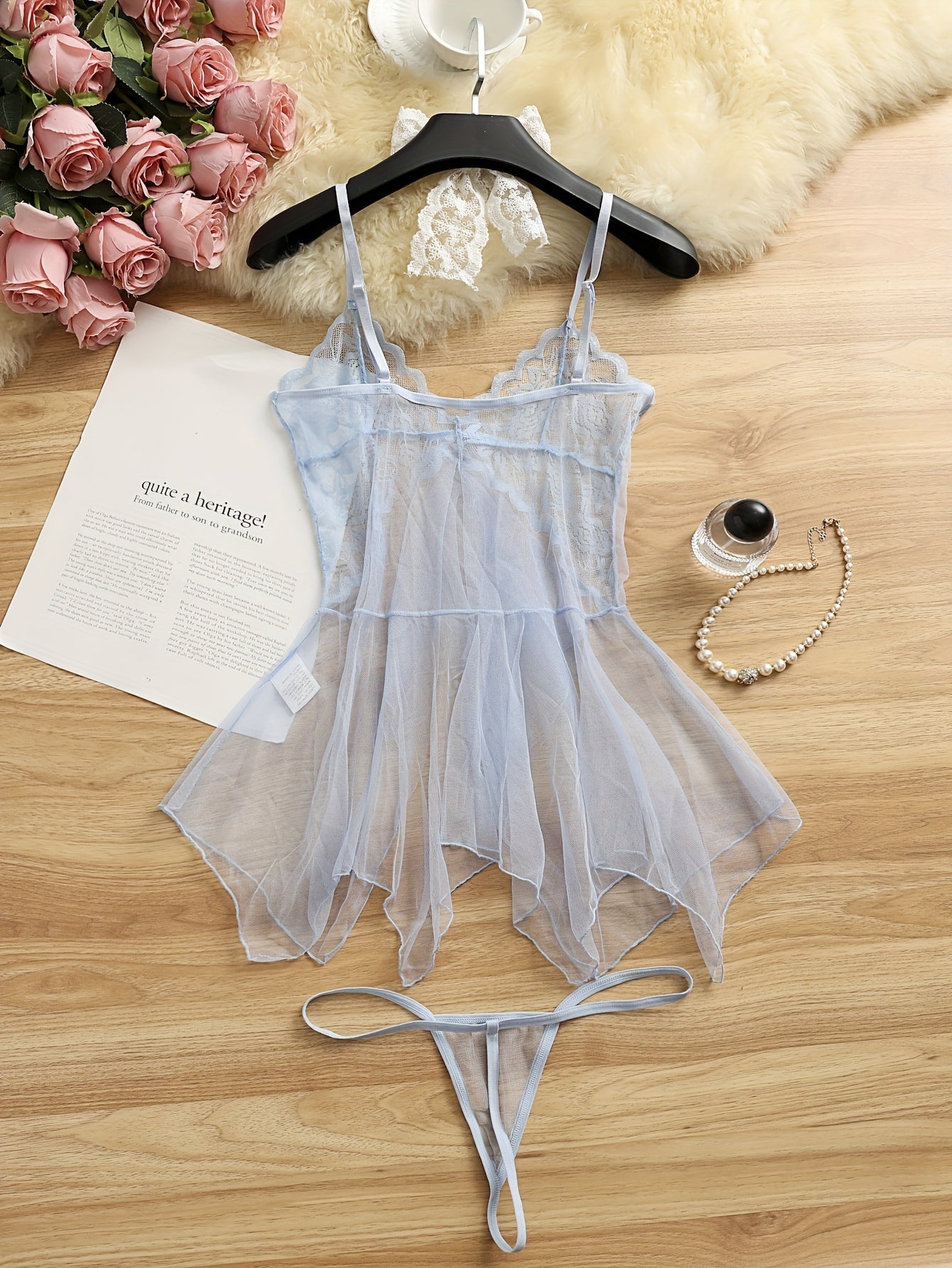 Stylish sheer slip dress with lace detail - ruffle-trimmed sleepwear set for women with matching thong, made from breathable polyester blend.