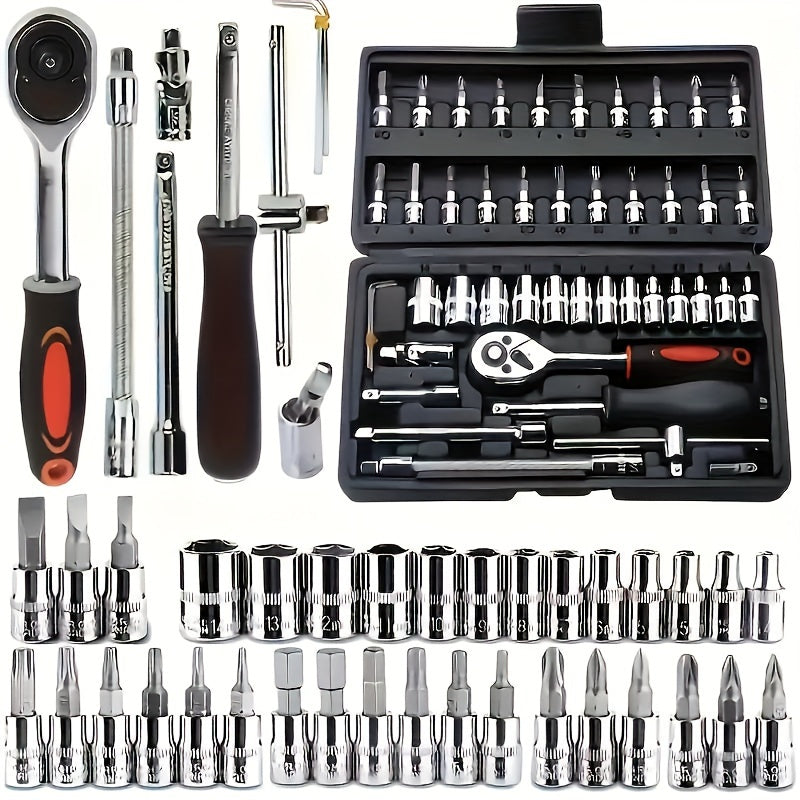 46pc Automotive Repair Tool Kit with Sockets, Wrenches, and Ratchet Set in Durable Metal Toolbox for Home Improvement