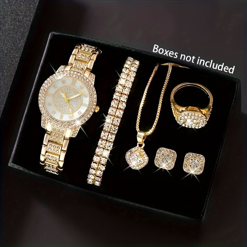 Set of 7 Women's Golden Quartz Watch & Jewelry, includes minimalist wristwatch, necklace, bracelet, ring, and stud earrings.