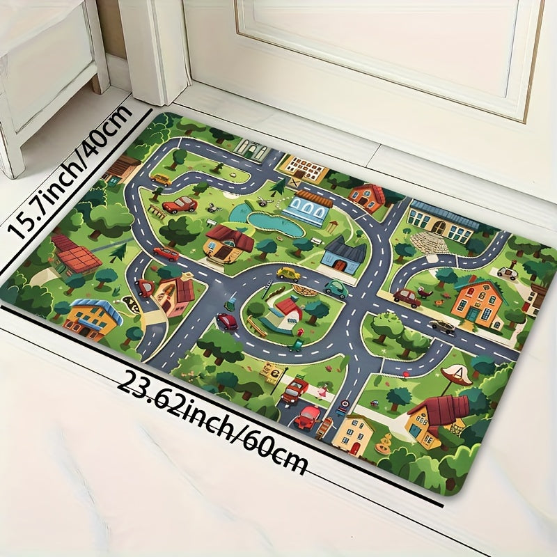 Green cartoon village design carpet suitable for use in children's rooms, bathrooms, kitchens, living rooms, bedrooms, interior doors, and entryways. The carpet has a thickness of 8mm and can be machine washed. Ideal for adding a decorative touch to your