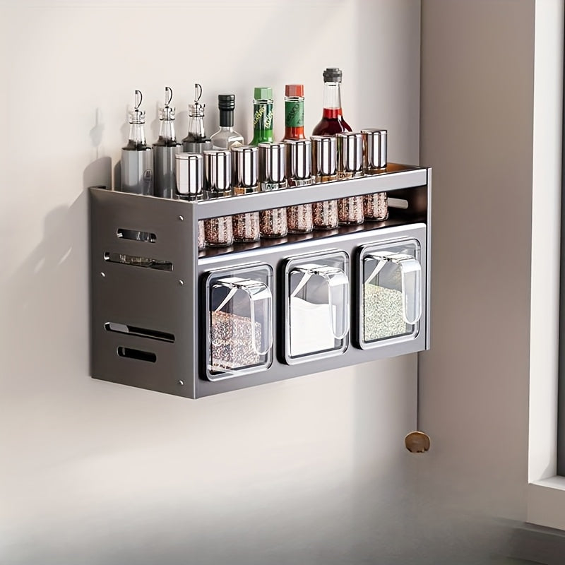 Wall-Mounted Spice Organizer Set with Seasoning Containers & Canisters, Aluminum Material, No-Drill Installation