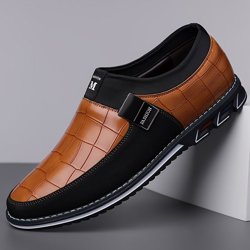 Men's slip-on business casual shoes with synthetic microfiber leather, anti-slip rubber sole, PU inner lining, and low top design for daily wear in spring/fall season.