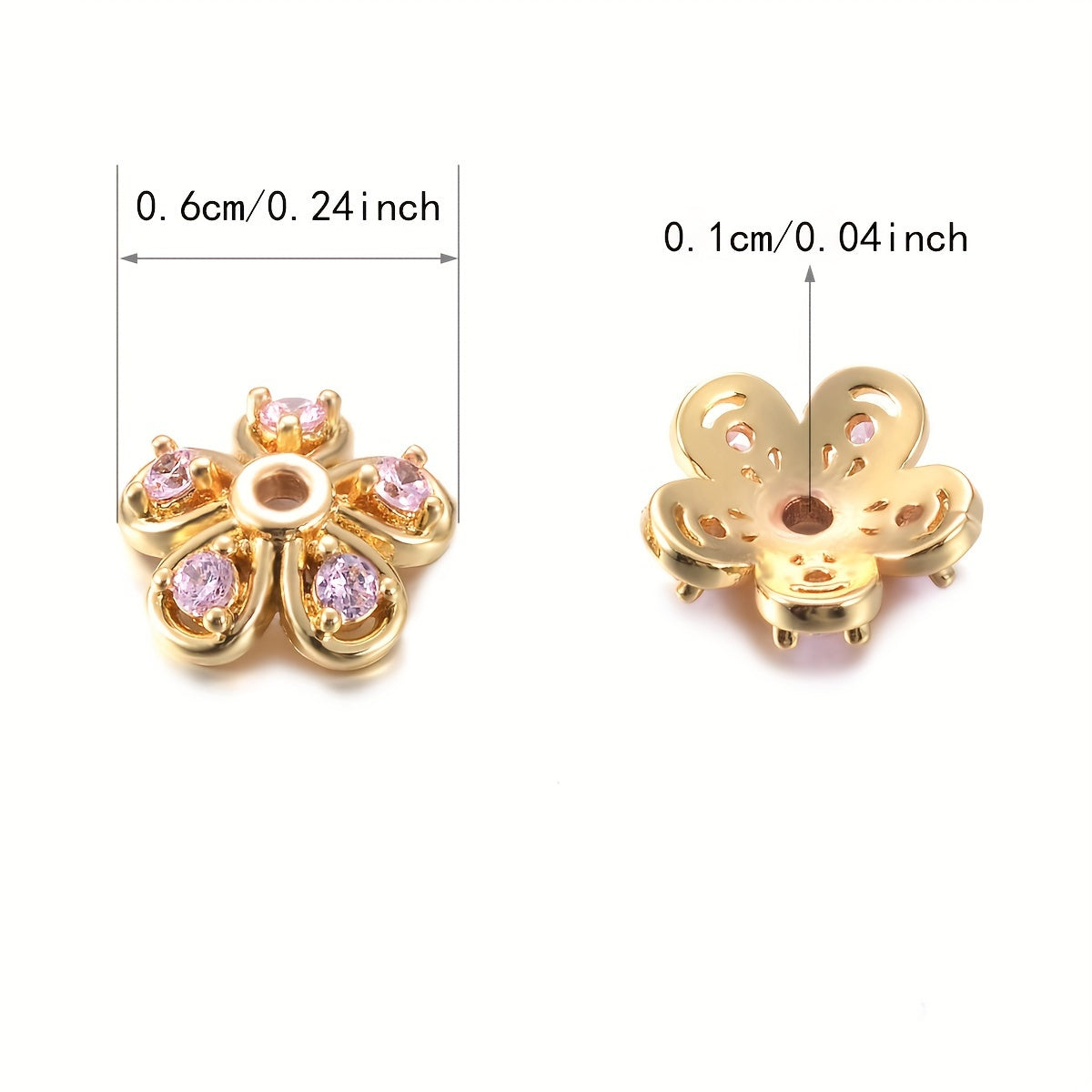 Brass Flower Bead Caps with Synthetic Cubic Zircons - Set of 20 pieces in a bag, including 10mm, 8mm, and 6mm sizes. Perfect for creating stunning jewelry pieces.