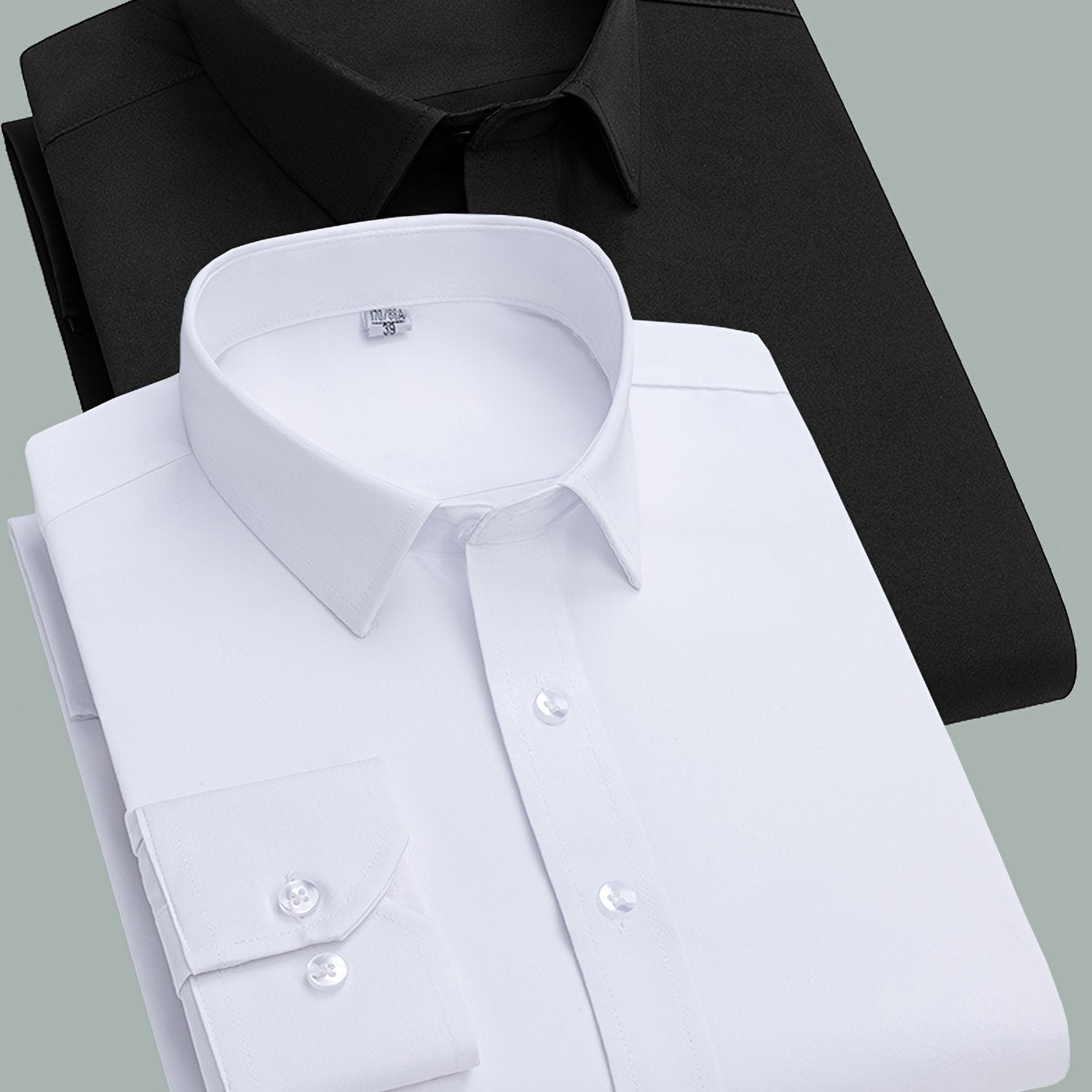 2 Men's work style polyester dress shirts in solid colors, regular fit with button details and lapel collar.