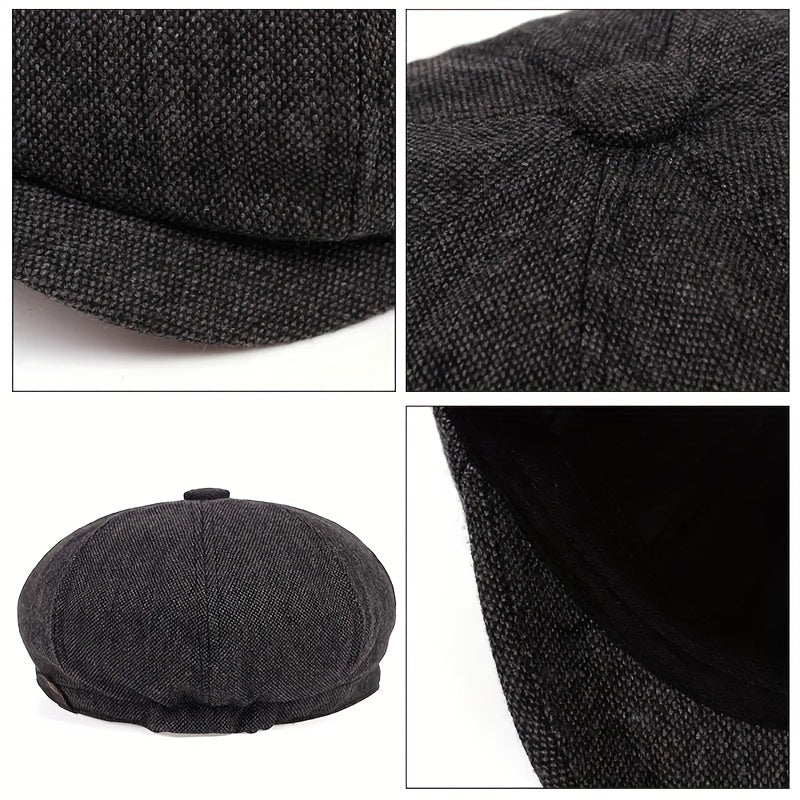 Retro Octagonal Herringbone Hat for Men, Striped Casual Beret, Gatsby Flat Hat