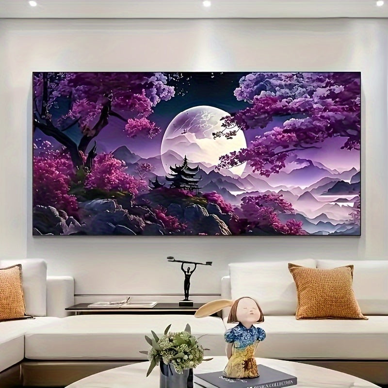 5D Diamond Painting Kit, Modern Abstract Landscape Water Diamond Art with Moon and Tree on Purple Background, for Adults, 70X40cm.