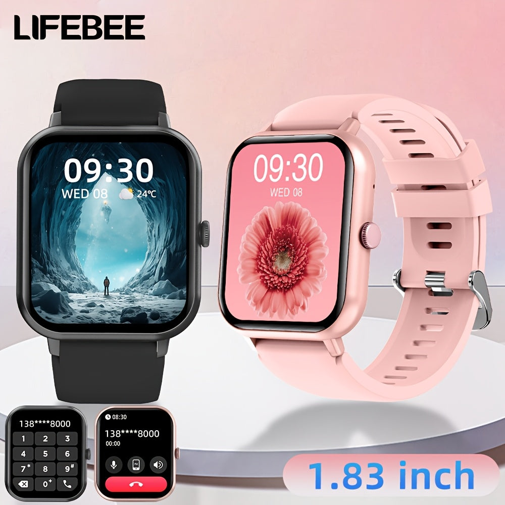 LifeBee Smartwatch: Full screen, call function, 100+ exercise modes, pedometer, calorie tracker, rechargeable, black & pink colors.