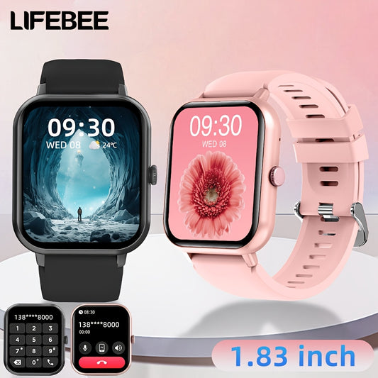 LifeBee Smartwatch: Full screen, call function, 100+ exercise modes, pedometer, calorie tracker, rechargeable, black & pink colors.