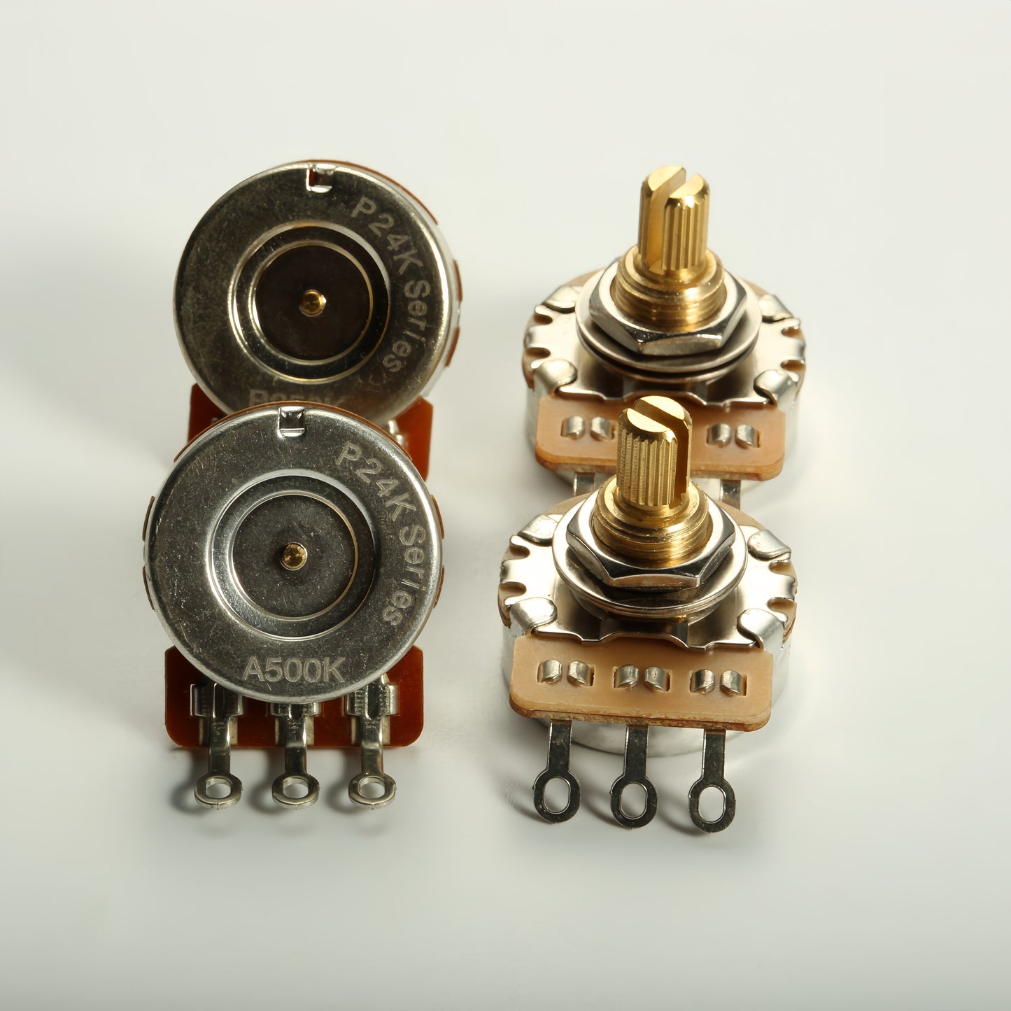 Two Brass Guitar Potentiometers - 3/8" Short Shaft, 15.5mm, 250k/500k Options for Electric & Bass Guitars, Low Noise, Smooth Performance, 24-tooth Copper Bass